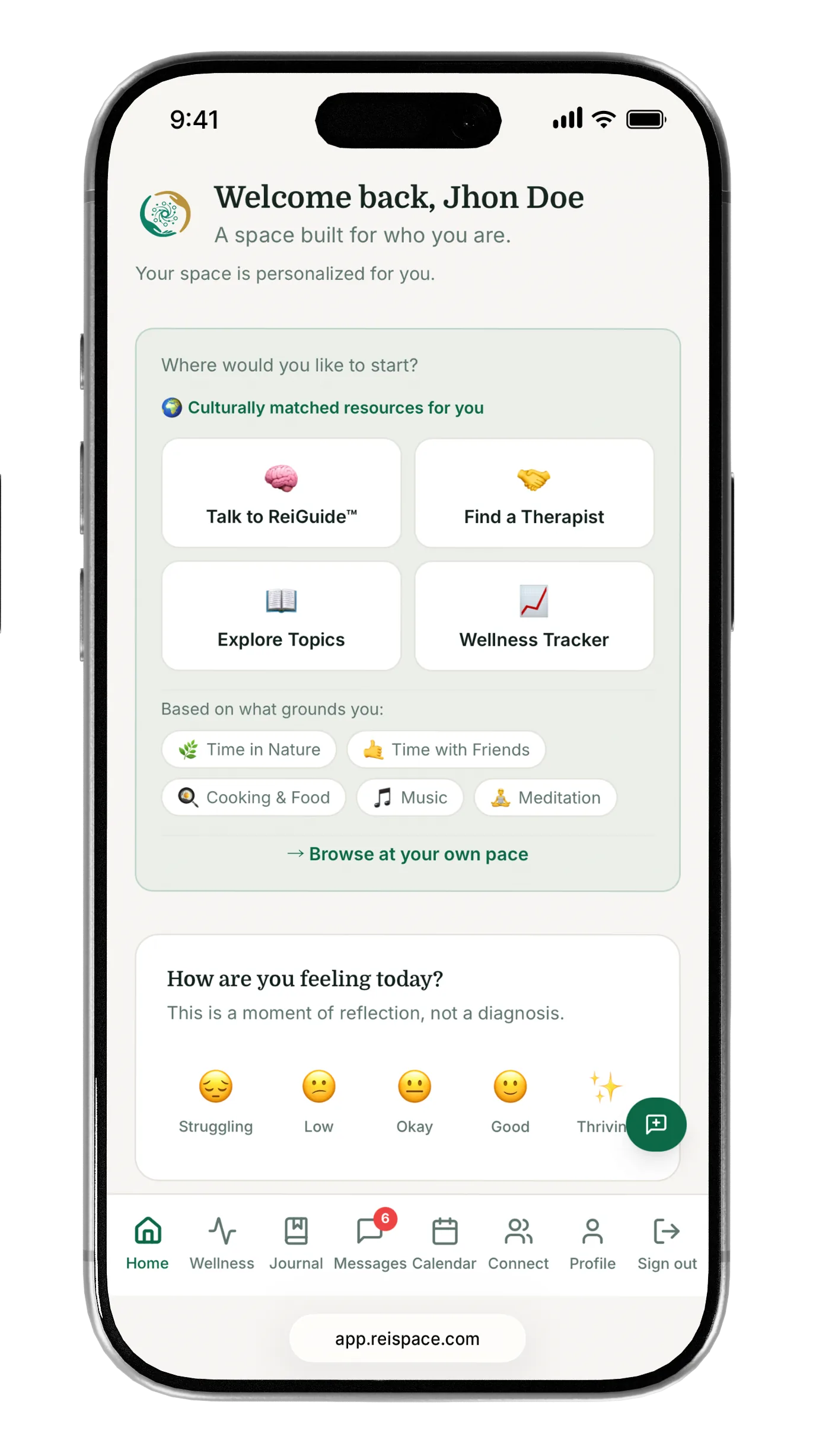 Screenshot of the ReiSpace app home screen, showing personalized wellness resources and a mood check-in.
