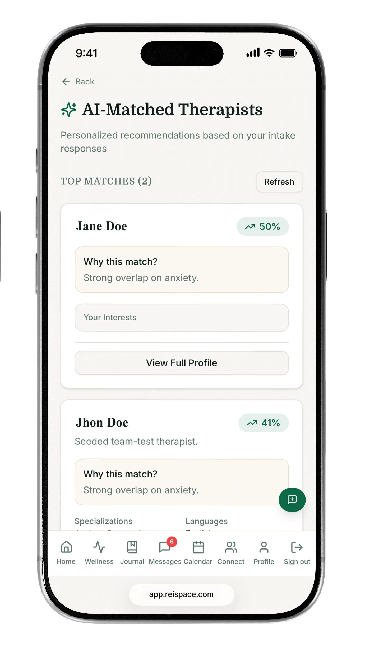 Screenshot of AI-matched therapist recommendations in the ReiSpace app.
